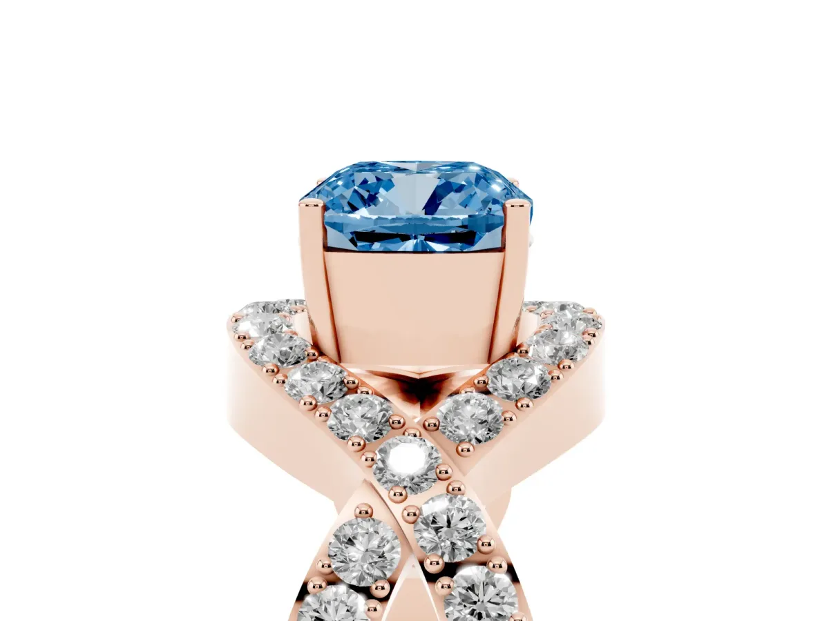 Fancy Blue Cushion Cut Solitaire Twist Band Pavé Diamond Engagement Ring Rose gold