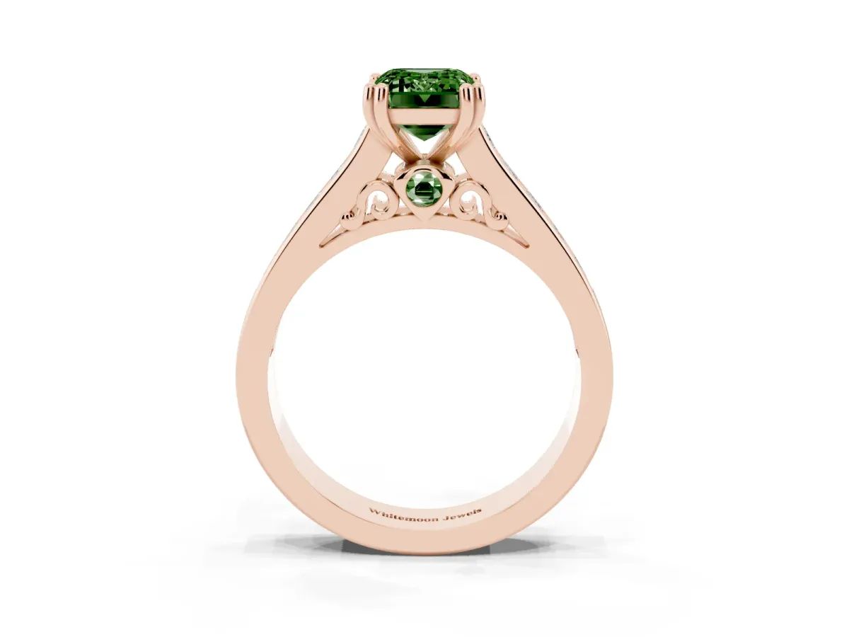 Fancy Green Emerald Cut Cut Channel Set Solitaire Engagement Ring with Prong Setting Rose gold