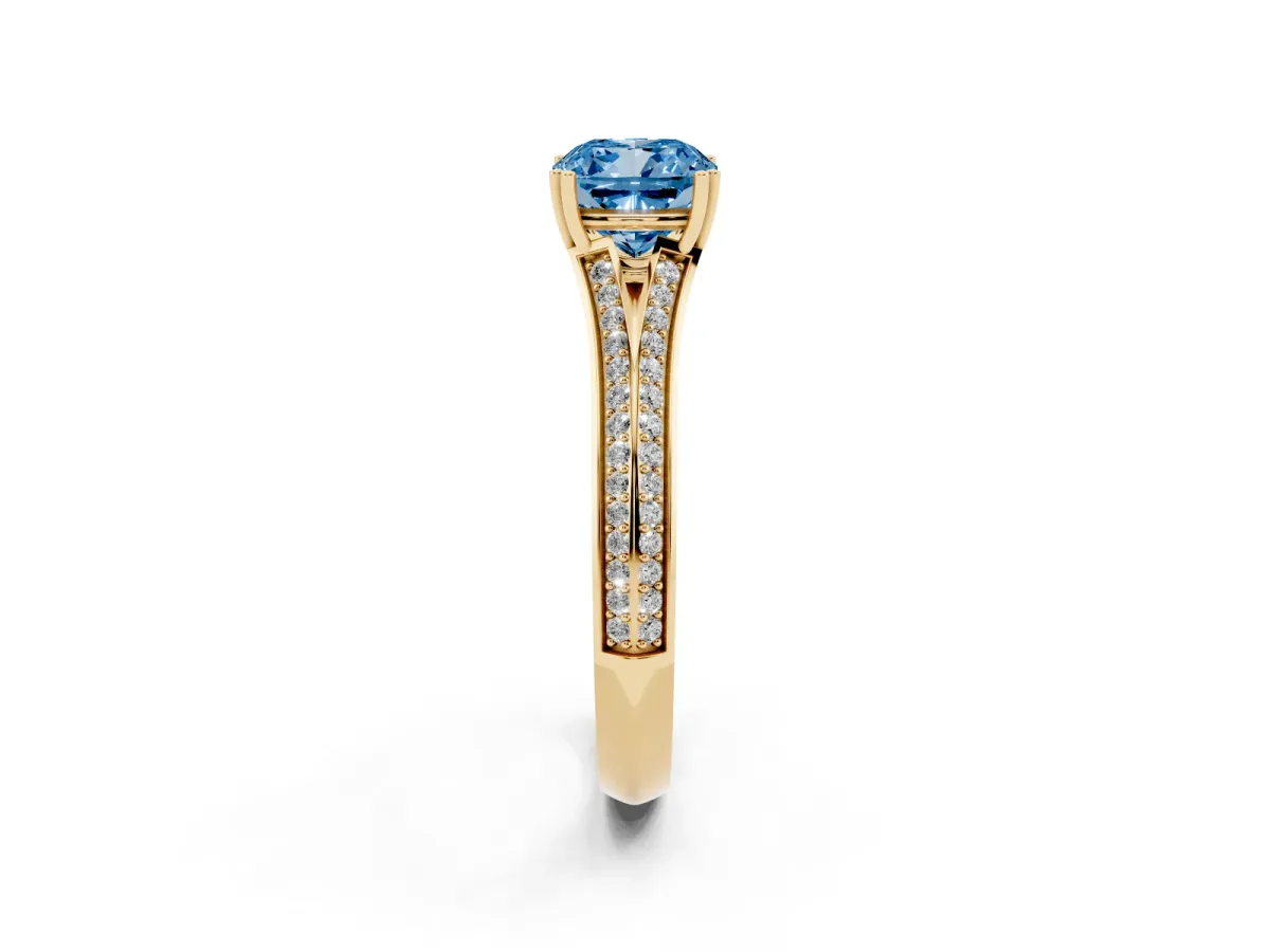 Fancy Blue Cushion Cut Diamond Split Shank Engagement Ring with Pavé Band Yellow gold