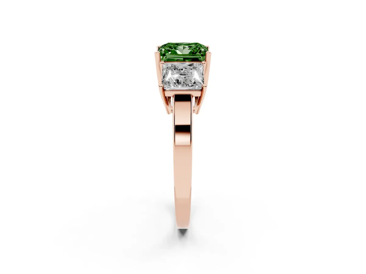 Fancy Green Three-Stone Princess Cut Cut Diamond Engagement Ring with Flat Band and Four-Prong Setting Rose gold
