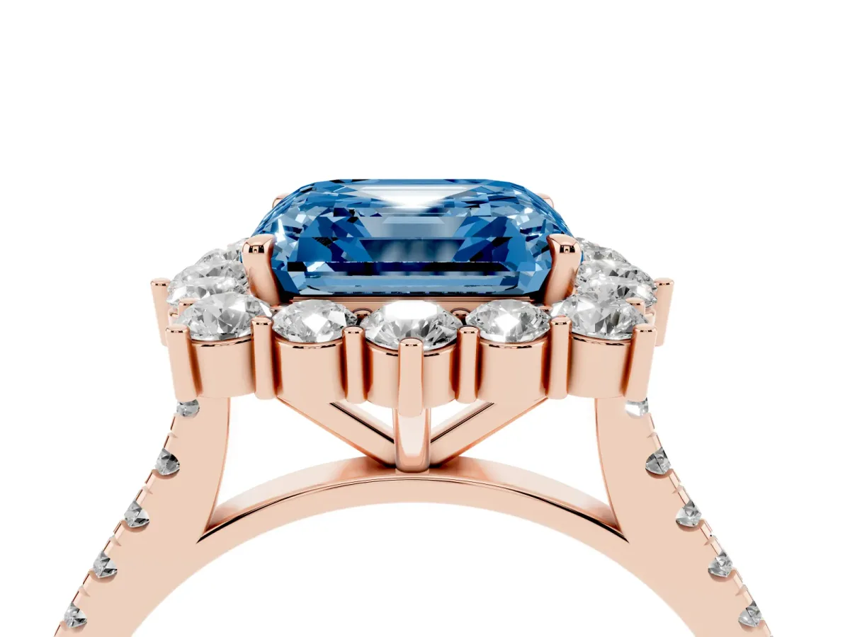 Fancy Blue Asscher Cut Halo Diamond Ring with Pavé Band and Prong Setting Rose gold