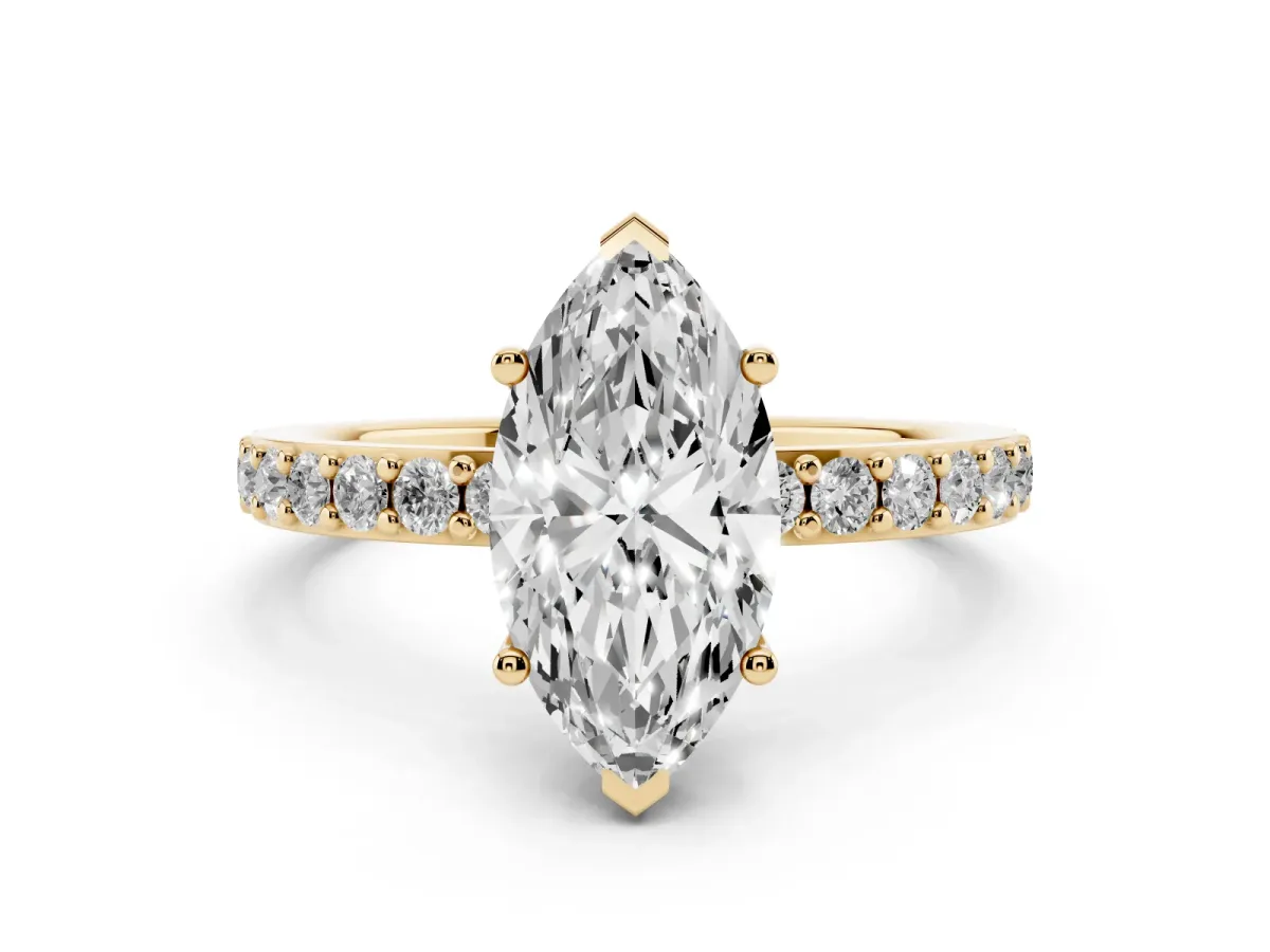 Marquise Cut Cut Diamond Solitaire with Pave Band and Four-Prong Setting Yellow gold