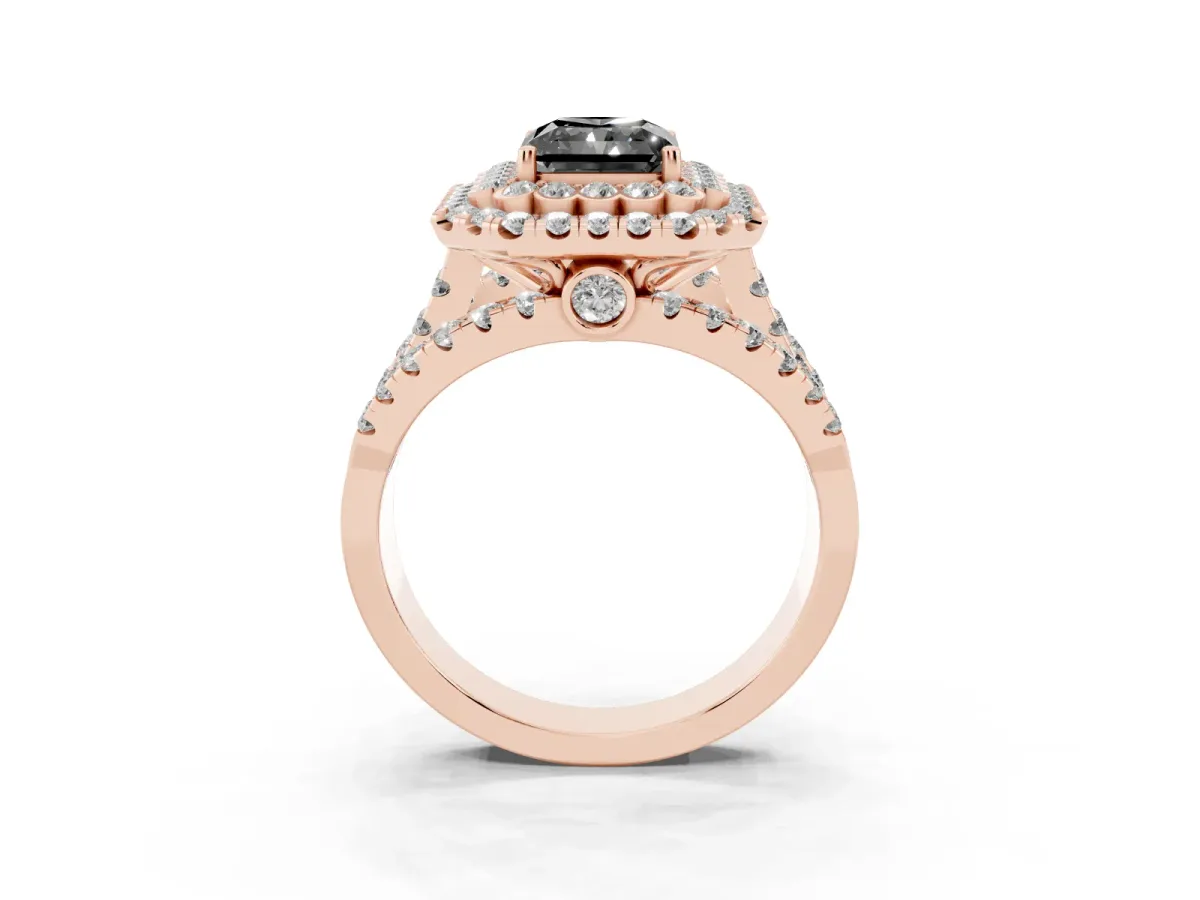 Fancy Black Radiant Cut Diamond Double Halo Ring with Round Pavé Split Shank and Prong Setting Rose gold