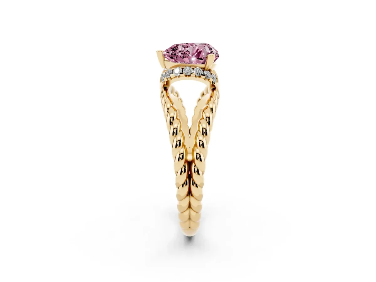 Fancy Pink Heart Cut Halo Twisted Band Four-Prong Ring Yellow gold