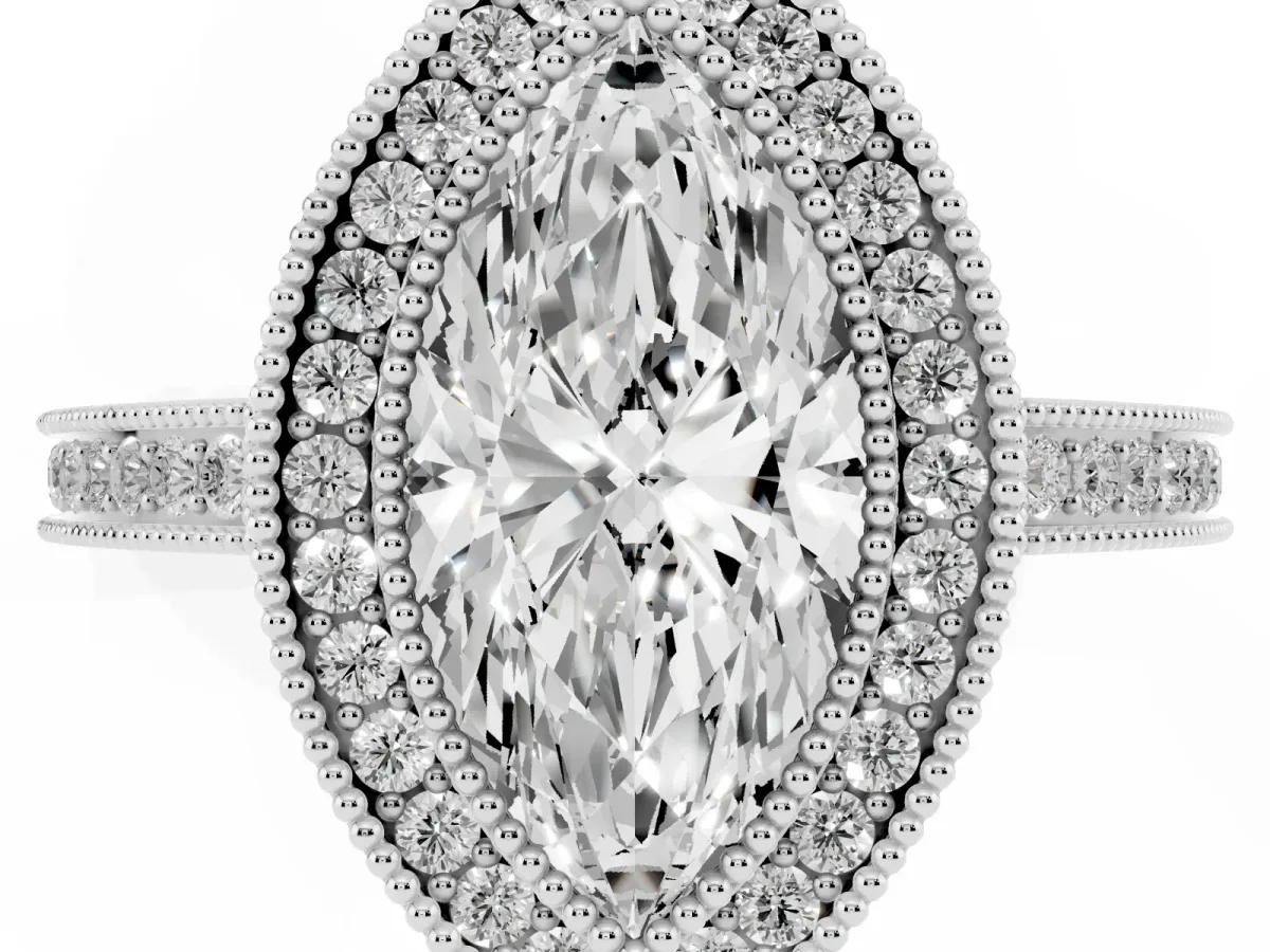Marquise Cut Cut Halo Diamond Ring with Pavé Band and Milgrain Prong Setting White gold