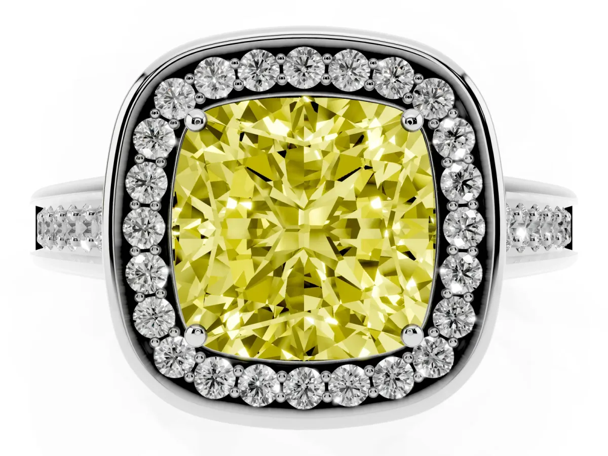 Fancy Yellow Cushion Cut Halo Solitaire Diamond Ring with Pave Band and Bezel Setting Platinum