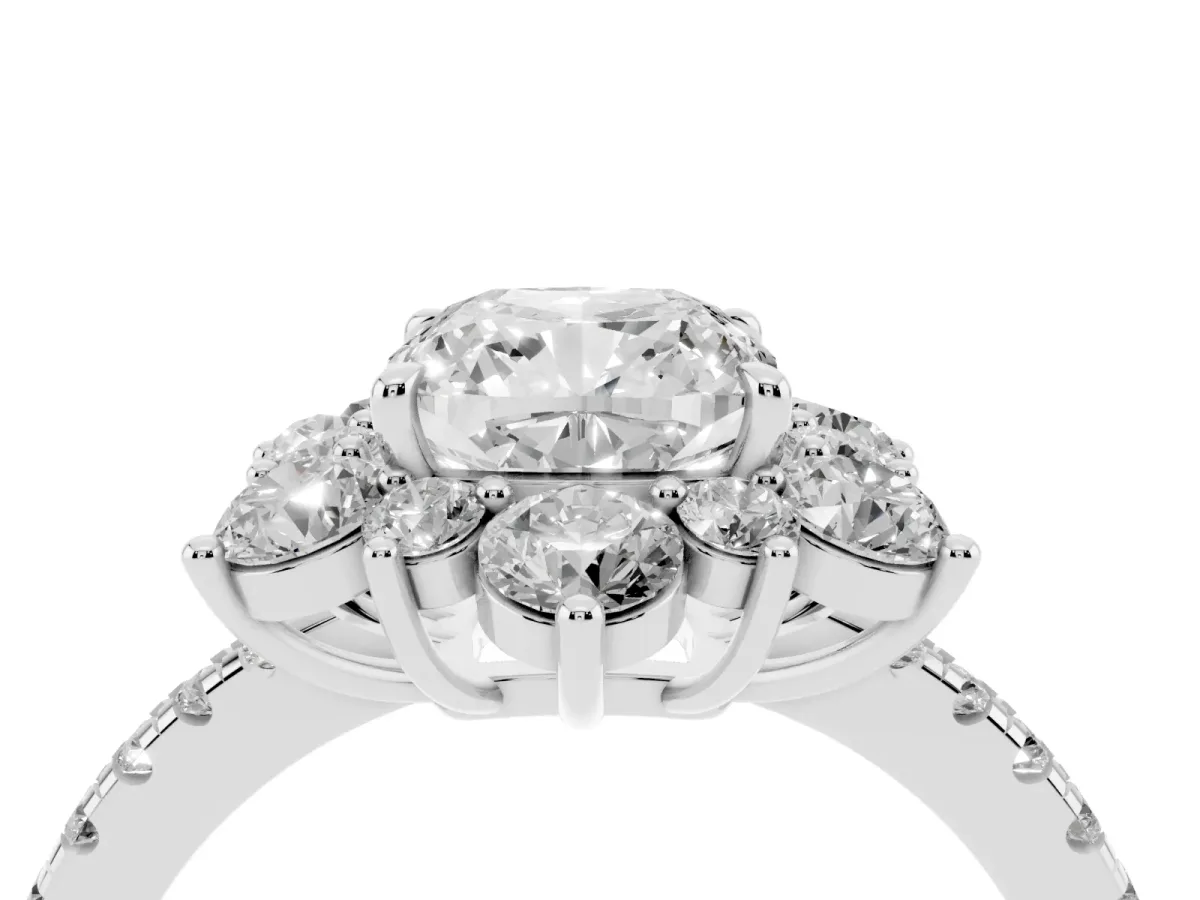 Cushion Cut Diamond Floral Halo Ring with Round Pavé Band and Prong Setting White gold