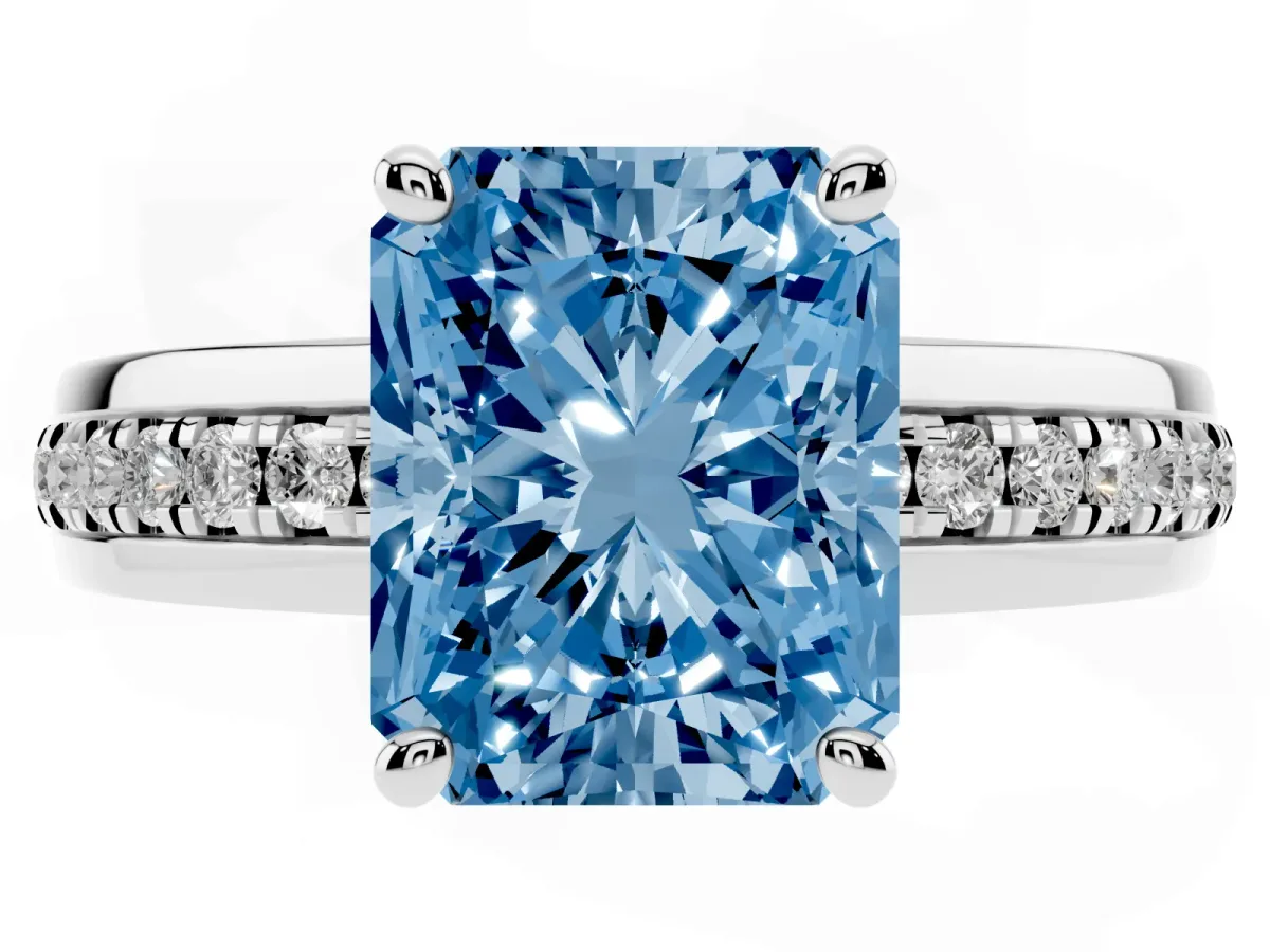 Fancy Blue Radiant Cut Solitaire Diamond Ring with Channel Set Band and Six-Prong Setting White gold