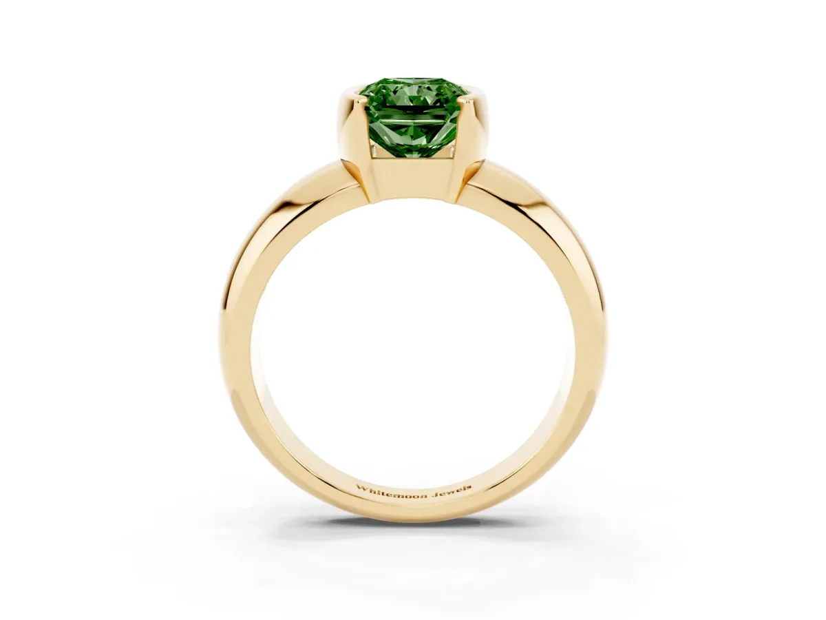 Fancy Green Radiant Cut Solitaire Tension Set Diamond Ring with Wide Band Yellow gold