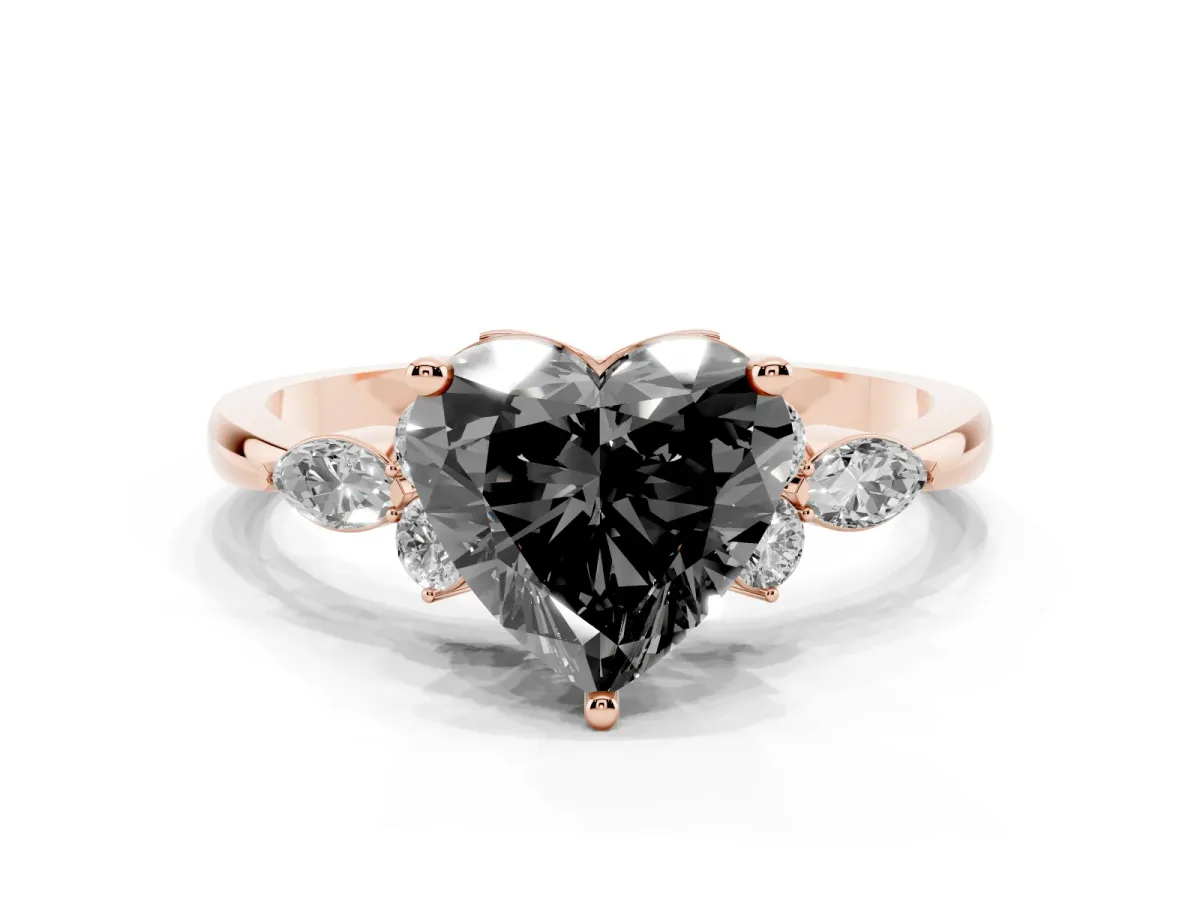 Fancy Black Heart Cut Brilliant Diamond Solitaire Ring with Pear Side Stones and Four-Prong Setting Rose gold