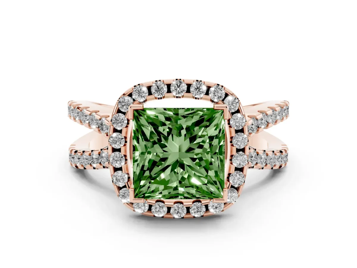 Fancy Green Princess Cut Diamond Halo Ring with Split Shank Pavé Band and Prong Setting Rose gold