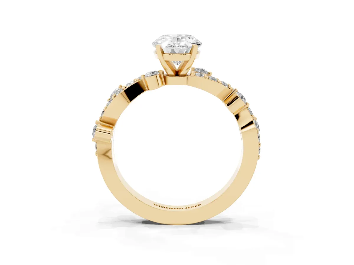 Oval Cut Cut Solitaire Diamond Twisted Band with Pave Setting Yellow gold