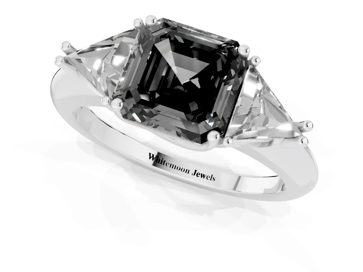 Fancy Black Three-Stone Asscher Cut Diamond Engagement Ring with Trillion Side Stones and Prong Setting Silver
