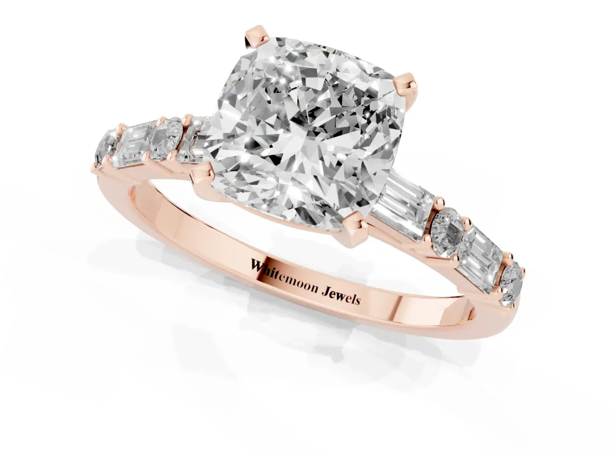 Cushion Cut Diamond Solitaire with Side Baguettes and Channel Set Band Rose gold