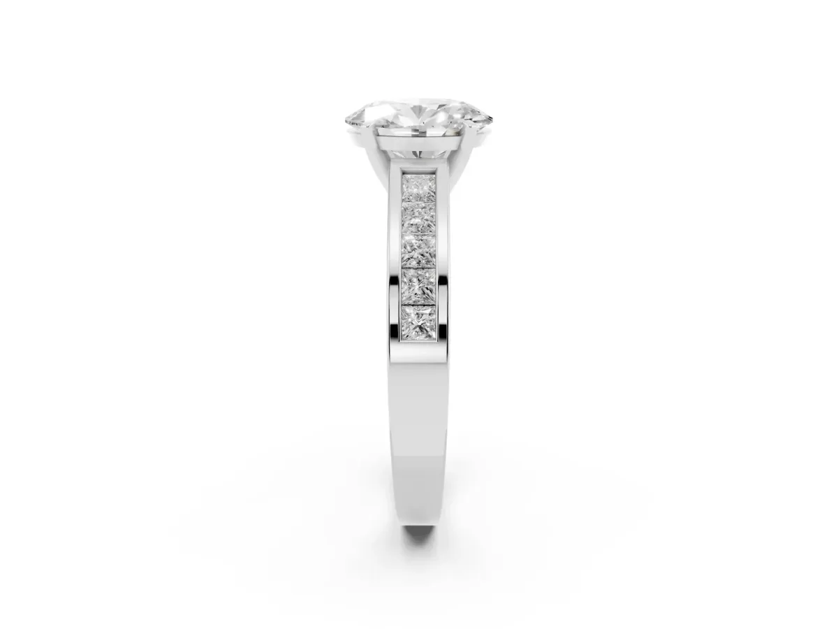 Oval Cut Solitaire Diamond Ring with Channel-Set Band and Four-Prong Setting White gold