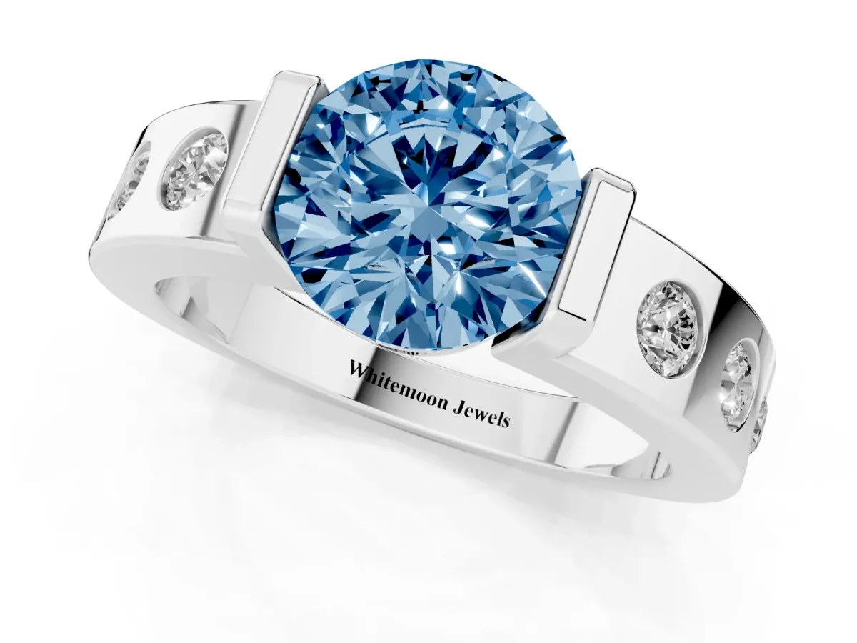 Fancy Blue Round Cut Brilliant Channel-Set Diamond Ring with Bezel Prong Setting Silver