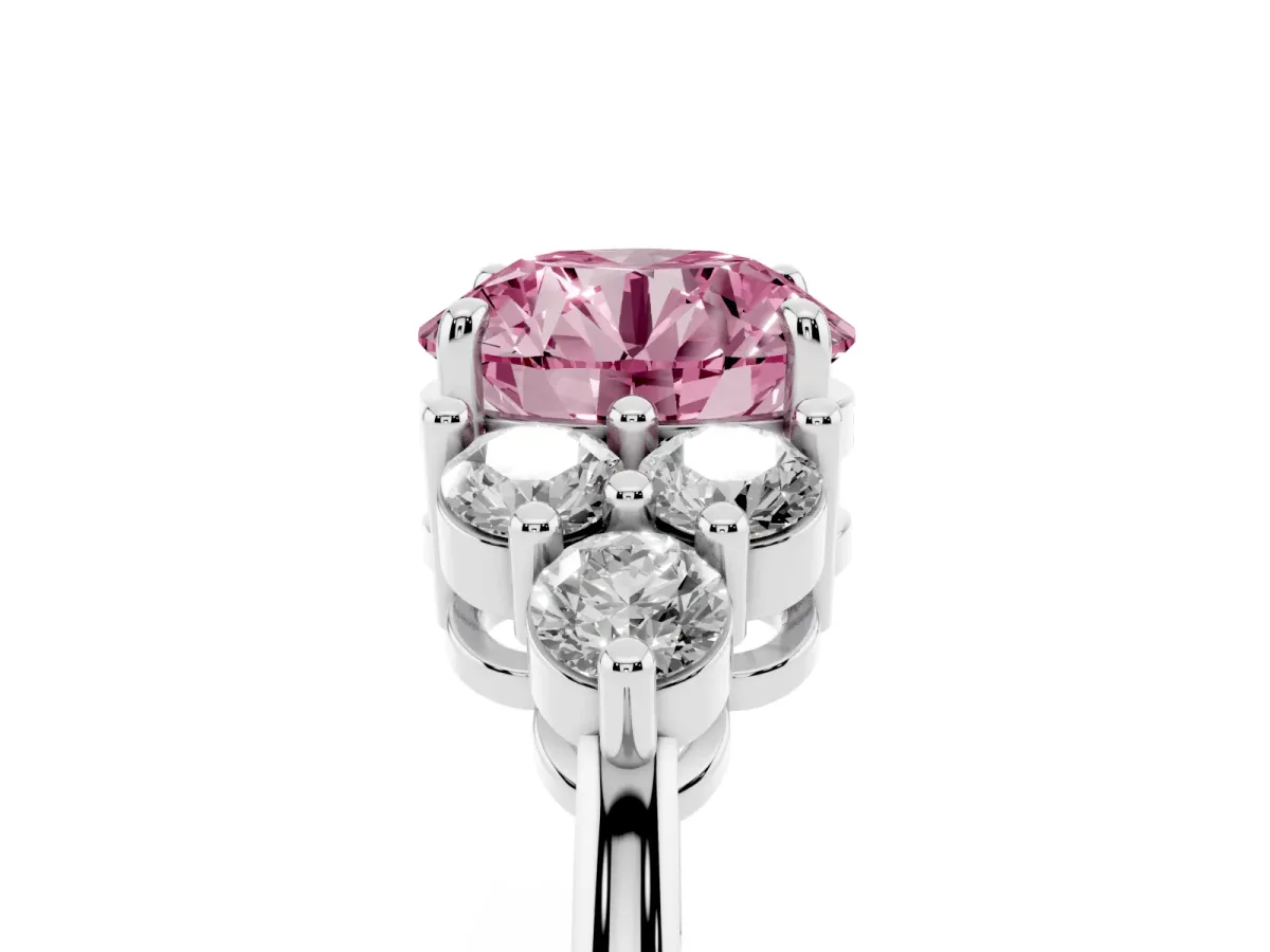 Fancy Pink Round Cut Brilliant Diamond Cluster Accent Solitaire Ring with Prong Setting White gold