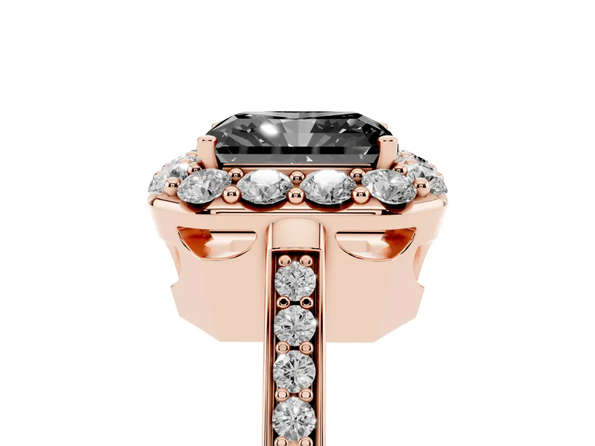 Fancy Black Radiant Cut Diamond Floral Halo Ring with Pavé Band and Prong Setting Rose gold