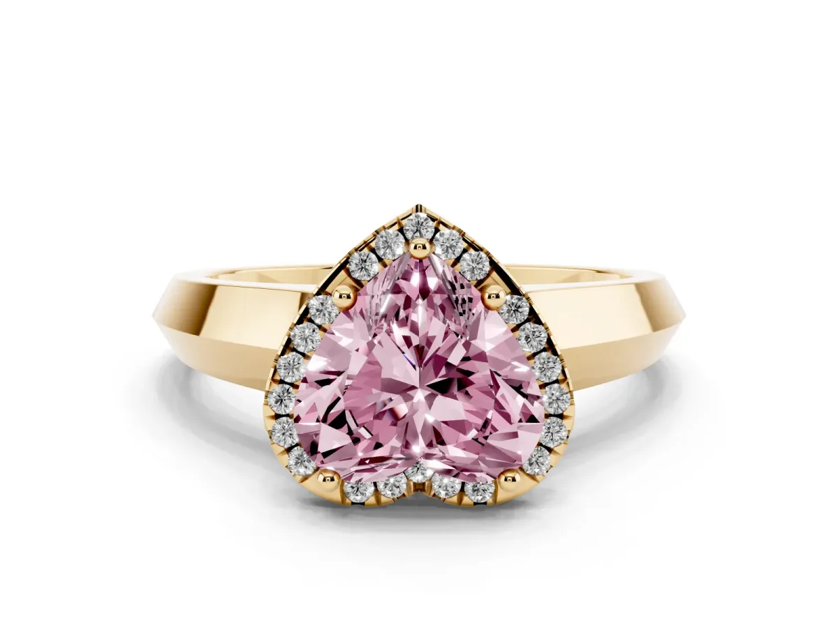 Fancy Pink Heart Cut Halo Diamond Ring with Cathedral Band and Four-Prong Setting Yellow gold
