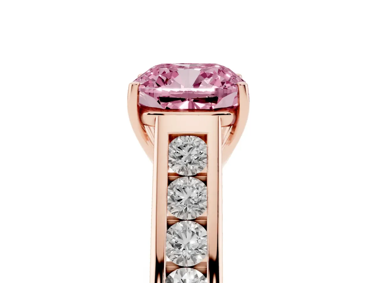 Fancy Pink Cushion Cut Brilliant Channel-Set Solitaire Ring with Four-Prong Setting Rose gold