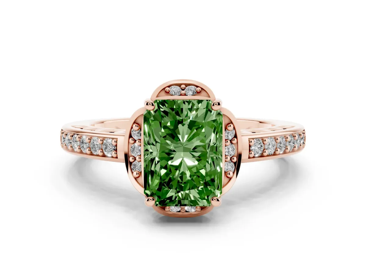 Fancy Green Radiant Cut Cut Halo Diamond Ring with Channel Set Band and Four-Prong Setting Rose gold