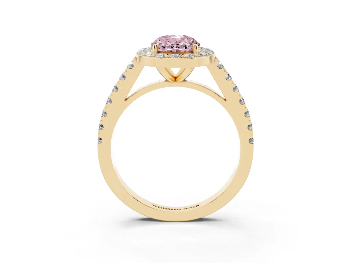 Fancy Pink Oval Cut Diamond Halo Ring with Round Pavé Split Shank and Prong Setting Yellow gold