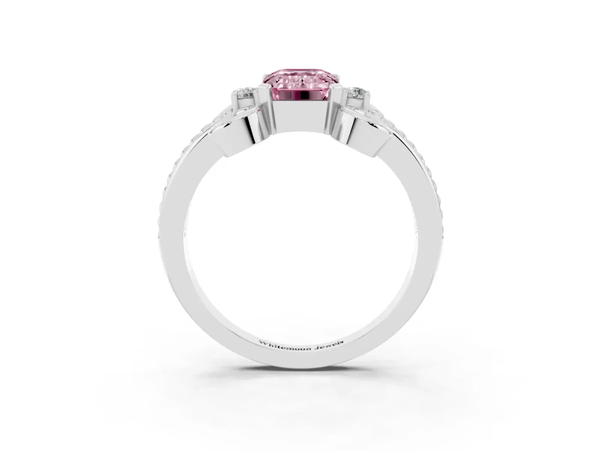 Fancy Pink Emerald Cut Solitaire Twisted Band Scroll Prong Ring Silver