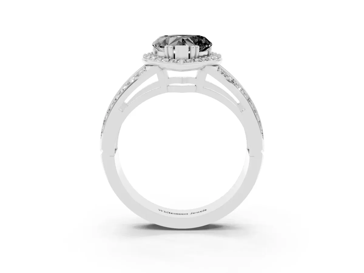 Fancy Black Heart Cut Diamond Halo Ring with Split Shank Pavé Band and Four-Prong Setting Platinum