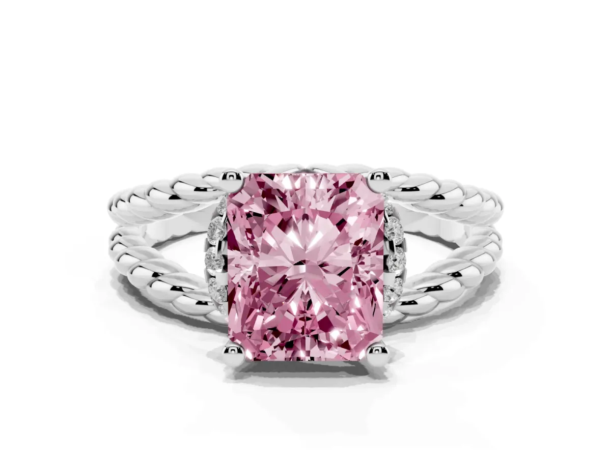 Fancy Pink Radiant Cut Halo Twisted Band Four-Prong Ring Silver