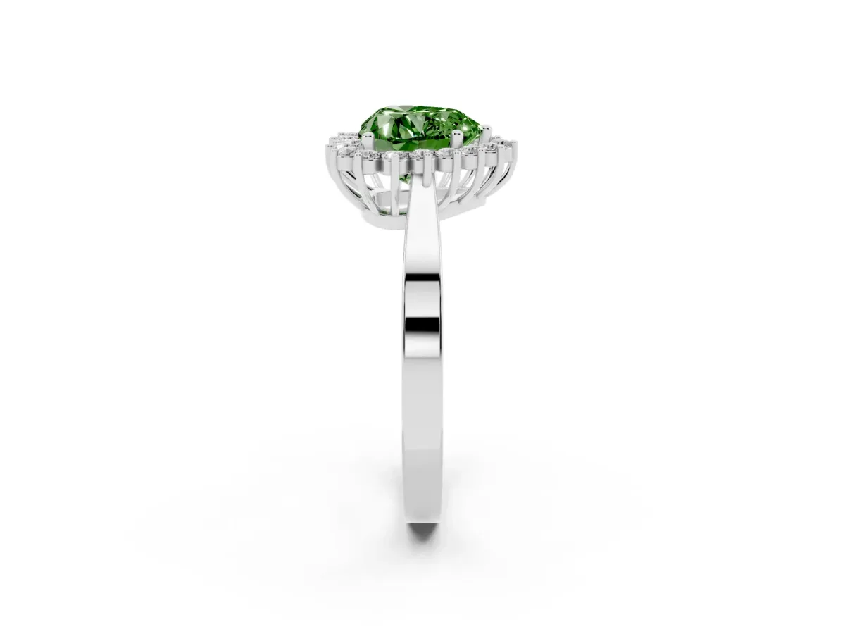 Fancy Green Heart Cut Cut Diamond Halo Ring with Round Brilliant Halo and Solitaire Band Silver