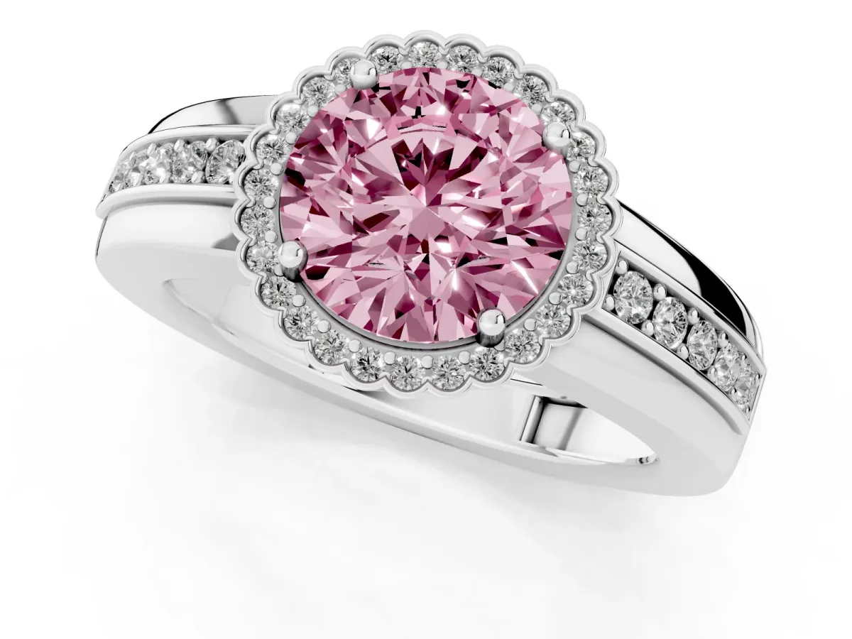 Fancy Pink Round Cut Cut Halo Pave Band Four-Prong Ring Platinum