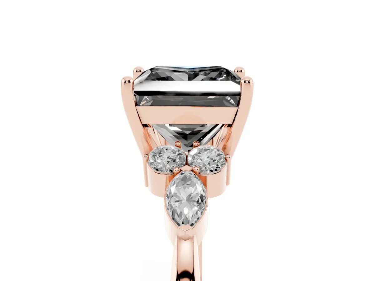 Fancy Black Princess Cut Brilliant Diamond Solitaire Ring with Pear Side Stones and Four-Prong Setting Rose gold