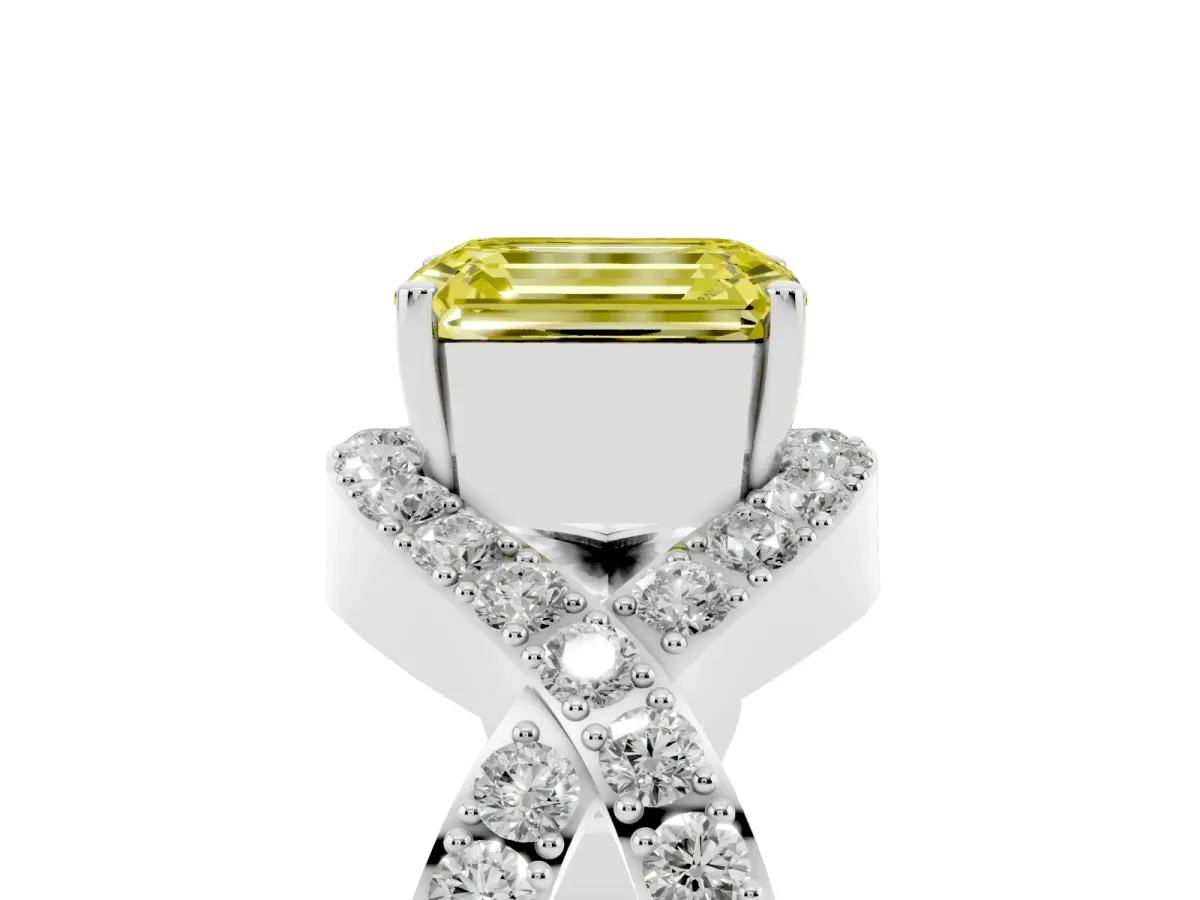 Fancy Yellow Emerald Cut Solitaire Twist Band Pavé Diamond Engagement Ring Silver