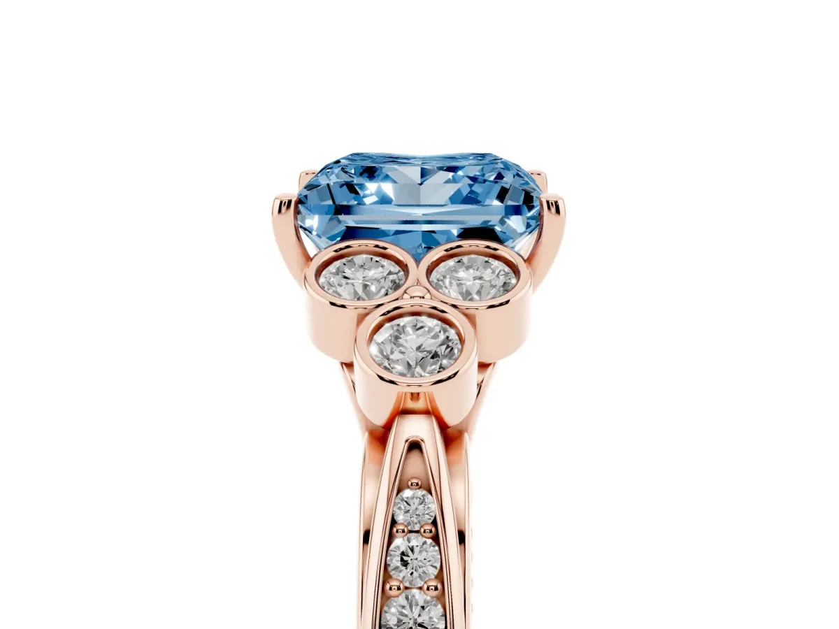 Fancy Blue Princess Cut Cut Diamond Engagement Ring with Bezel Set Round Side Stones and Prong Setting Rose gold