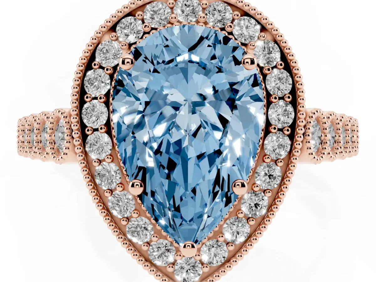 Fancy Blue Pear Cut Halo Twist Band Solitaire Ring with Six-Prong Setting Rose gold
