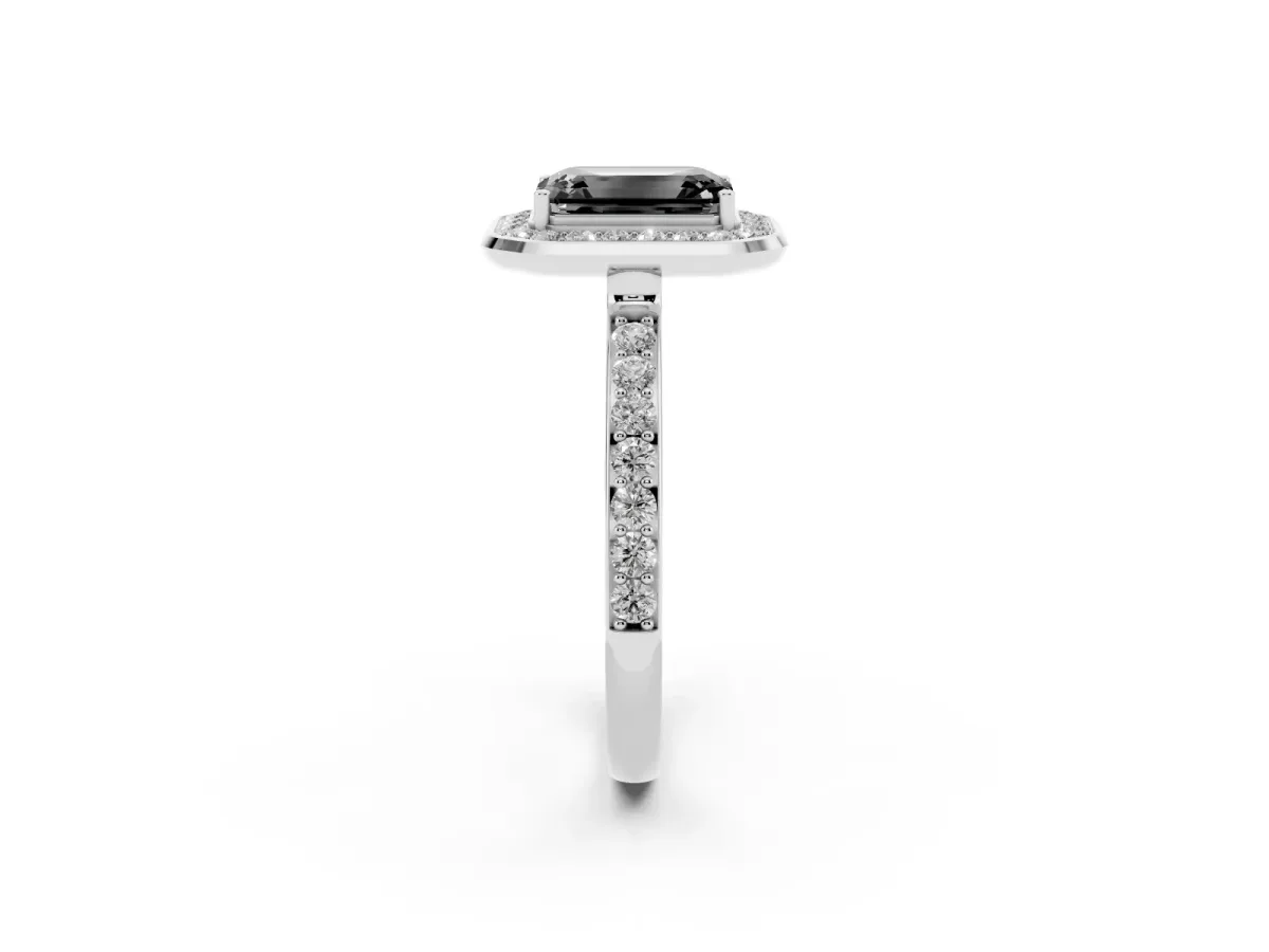 Fancy Black Emerald Cut Diamond Halo Ring with Bezel Frame and Pavé Band Silver