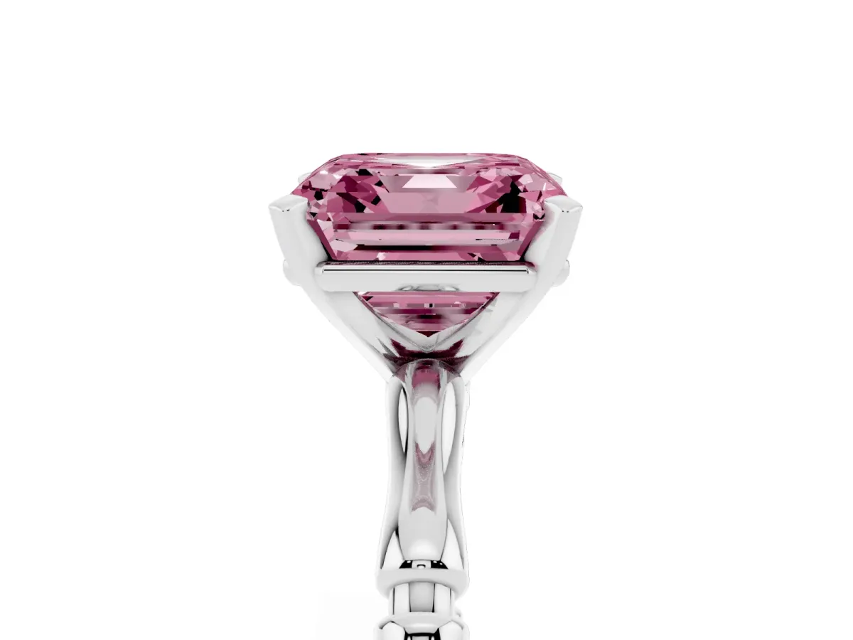 Fancy Pink Asscher Cut Solitaire Diamond Ring with Bamboo Band and Four-Prong Setting Silver
