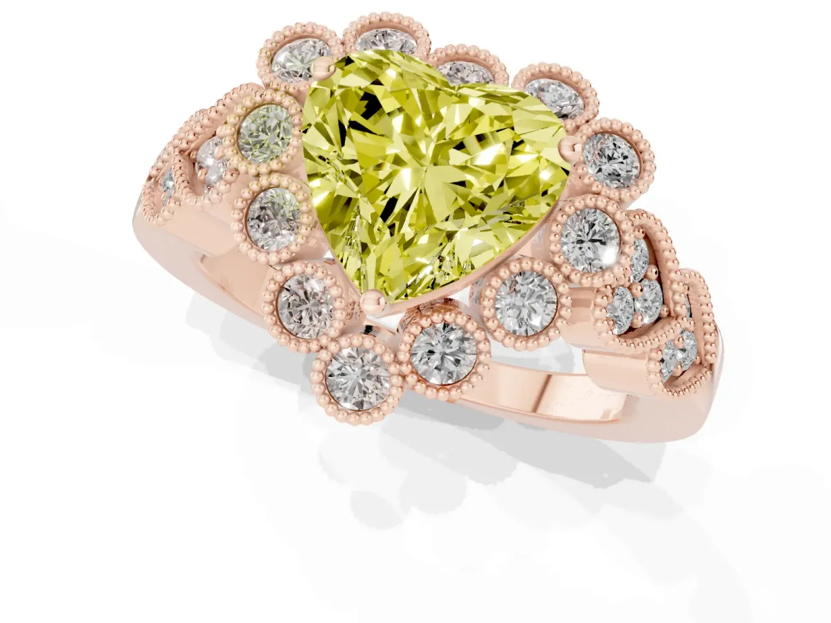 Fancy Yellow Heart Cut Brilliant Milgrain Pave Heart Band Solitaire Ring Rose gold