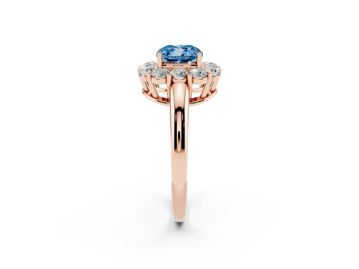 Fancy Blue Cushion Cut Halo Cluster Diamond Engagement Ring with Prong Setting and Polished Band Rose gold