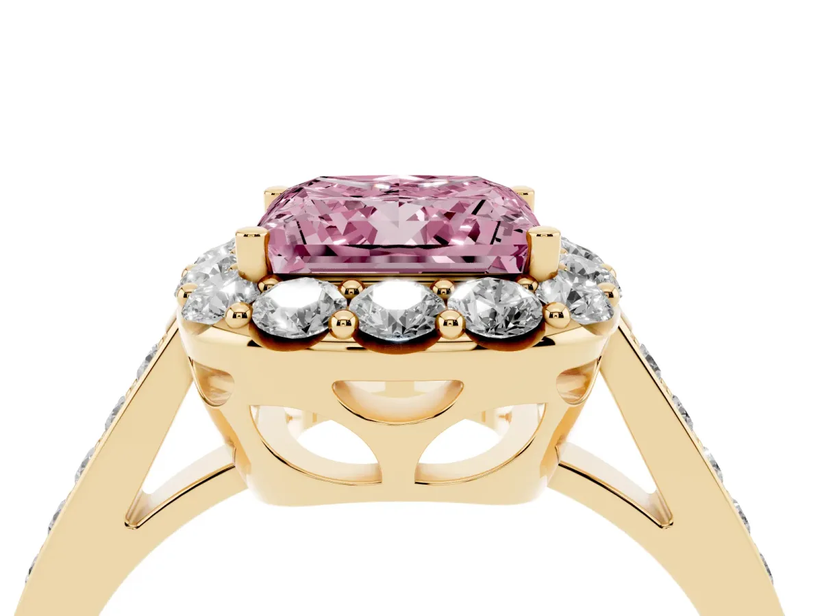 Fancy Pink Princess Cut Diamond Floral Halo Ring with Pavé Band and Prong Setting Yellow gold