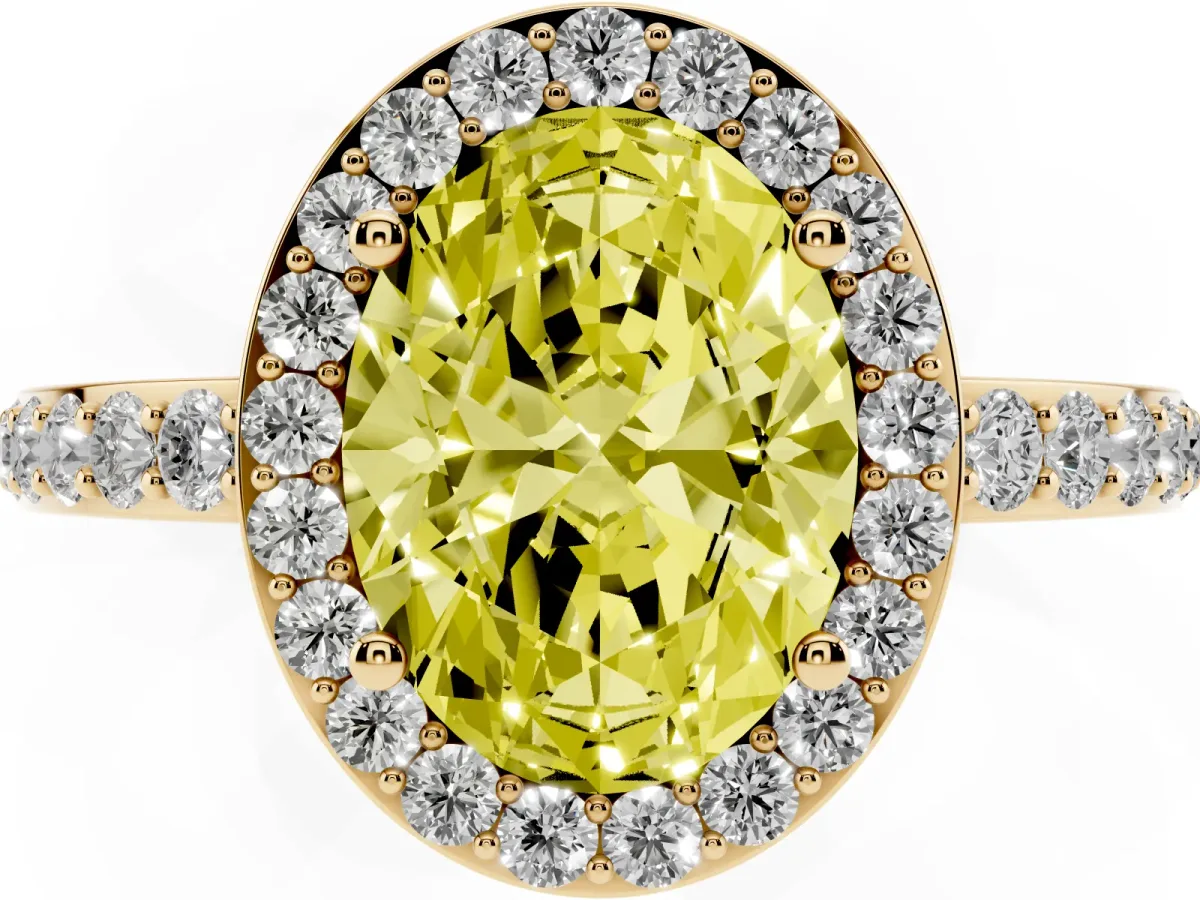Fancy Yellow Oval Cut Halo Diamond Pavé Band Ring with Prong Setting Yellow gold