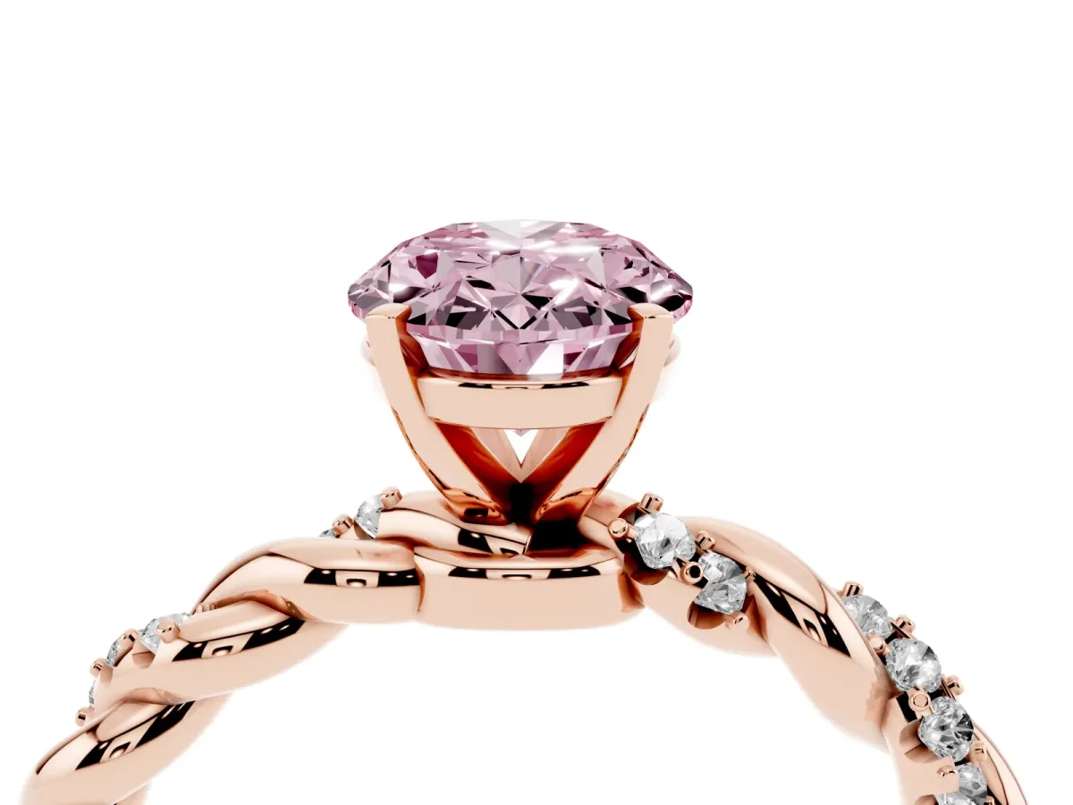 Fancy Pink Oval Cut Diamond Solitaire Ring with Twisted Band and Pavé Accents Rose gold