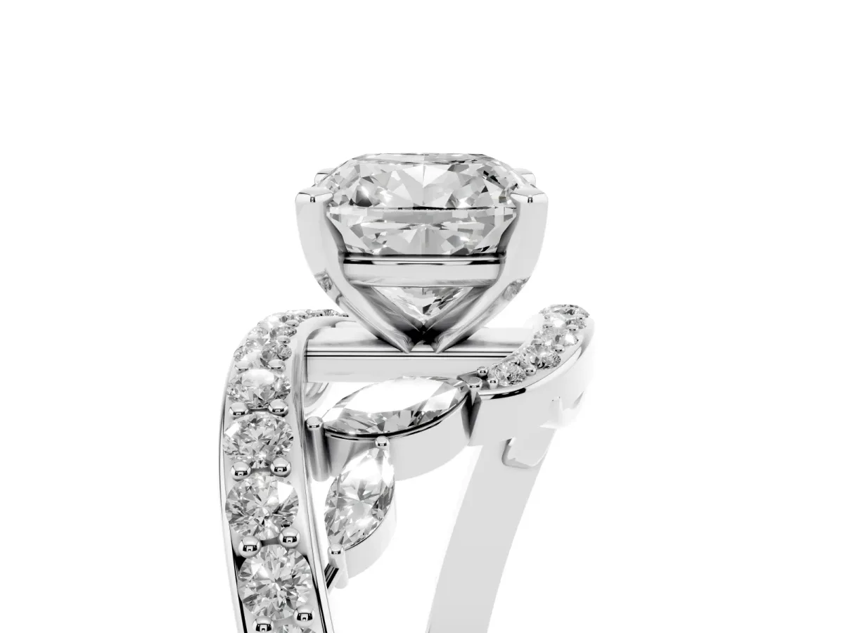 Cushion Cut Diamond Solitaire Ring with Filigree Band and Four-Prong Setting Silver