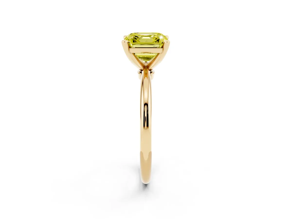 Fancy Yellow Asscher Cut Diamond Solitaire Ring with Prong Setting and Classic Band Yellow gold