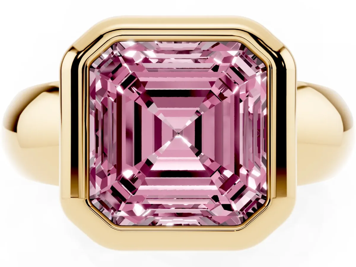 Fancy Pink Bezel Set Asscher Cut Solitaire Ring with Wide Band Yellow gold