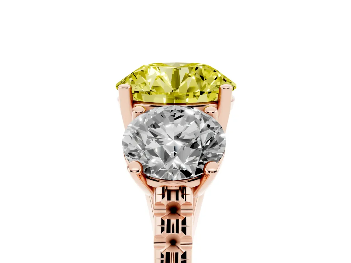 Fancy Yellow Three-Stone Round Cut Diamond Ring with Round Pavé Band and Prong Setting Rose gold