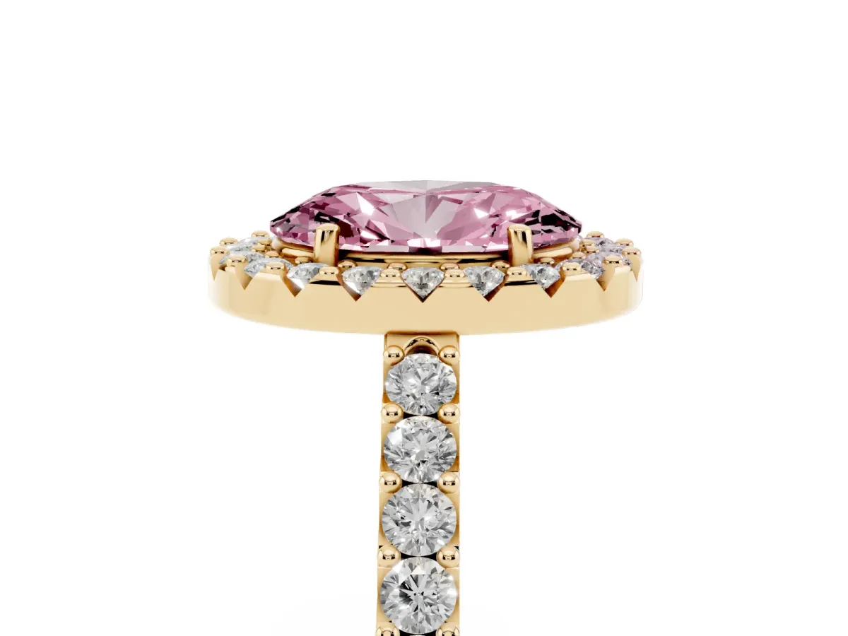 Fancy Pink Oval Cut Halo Diamond Pavé Solitaire Ring Yellow gold