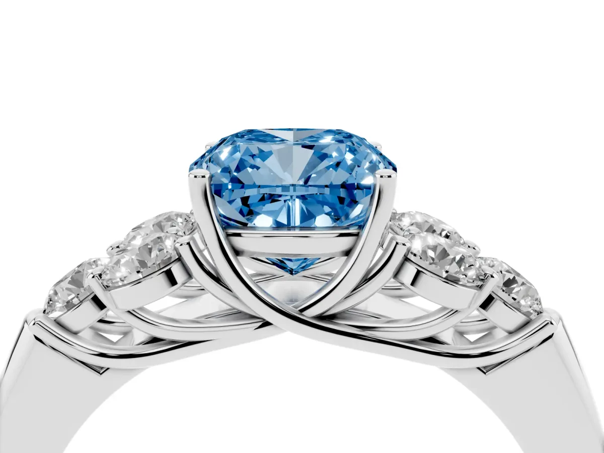 Fancy Blue Cushion Cut Cut Diamond Cluster Ring with Round Accent Stones and Prong Setting on a Classic Band White gold
