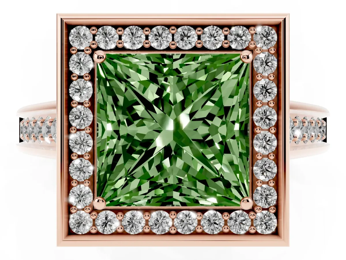 Fancy Green Princess Cut Halo Solitaire Diamond Ring with Pave Band and Bezel Setting Rose gold