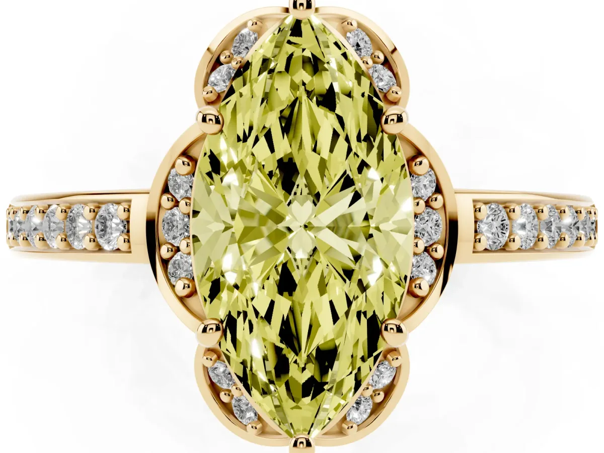 Fancy Yellow Marquise Cut Cut Halo Diamond Ring with Channel Set Band and Four-Prong Setting Yellow gold